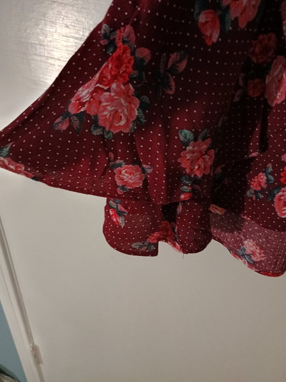 Umgee Burgundy Floral Polka Dot 3/4 Sleeve Ruffle Hem Blouse XL - Picture 7 of 8